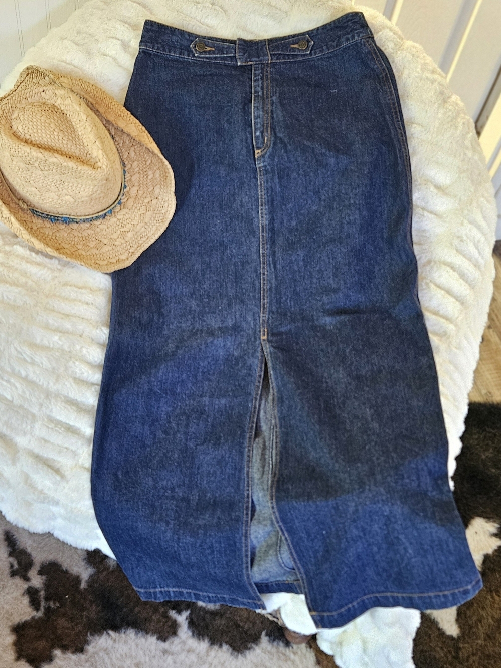 Women’s Dark Blue Denim Maxi Skirt with Front Slit